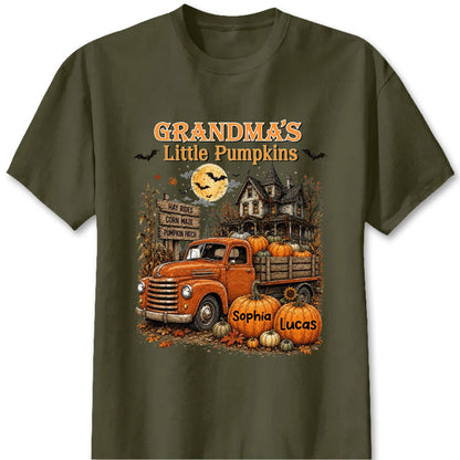 "Grandma's Little Pumpkins" Retro Vintage Farmhouse Halloween Truck Shirt - Personalized Gift for Grandma