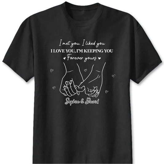 Personalized couple shirt featuring custom names and pinky promise line art - romantic anniversary gift for couples