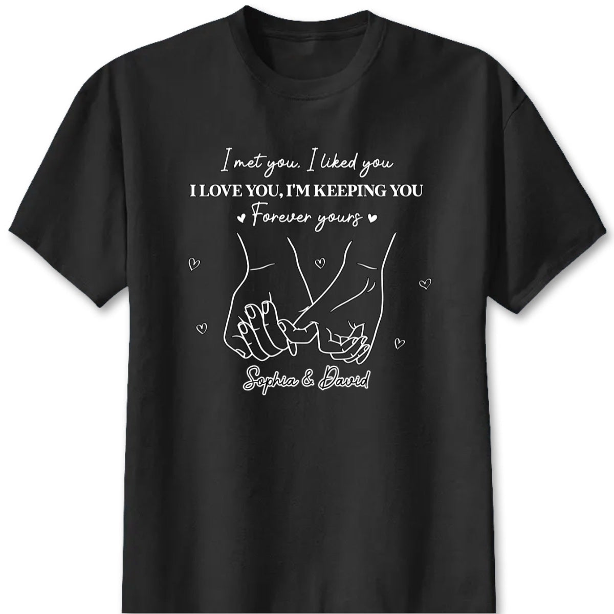 Personalized couple shirt featuring custom names and pinky promise line art - romantic anniversary gift for couples