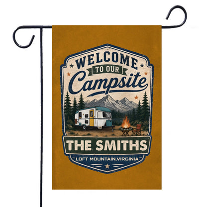 Welcome To Our Campsite Personalized Garden Flag - Custom Camper Flag with Family Name & Location