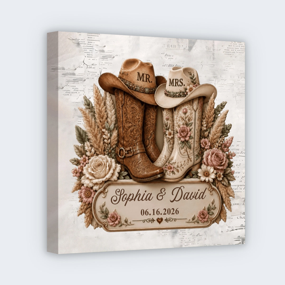 Rustic Cowboy Boots Personalized Wedding Square Canvas - Custom Anniversary Gift for Couples