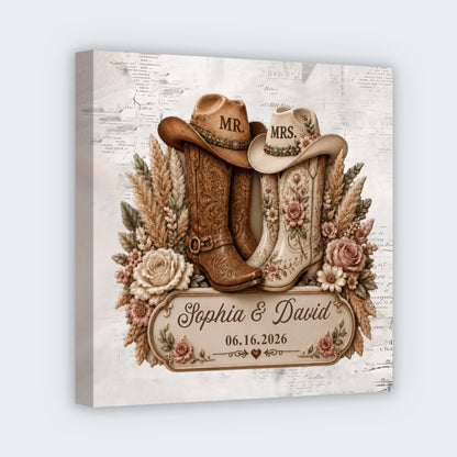 Rustic Cowboy Boots Personalized Wedding Square Canvas - Custom Anniversary Gift for Couples