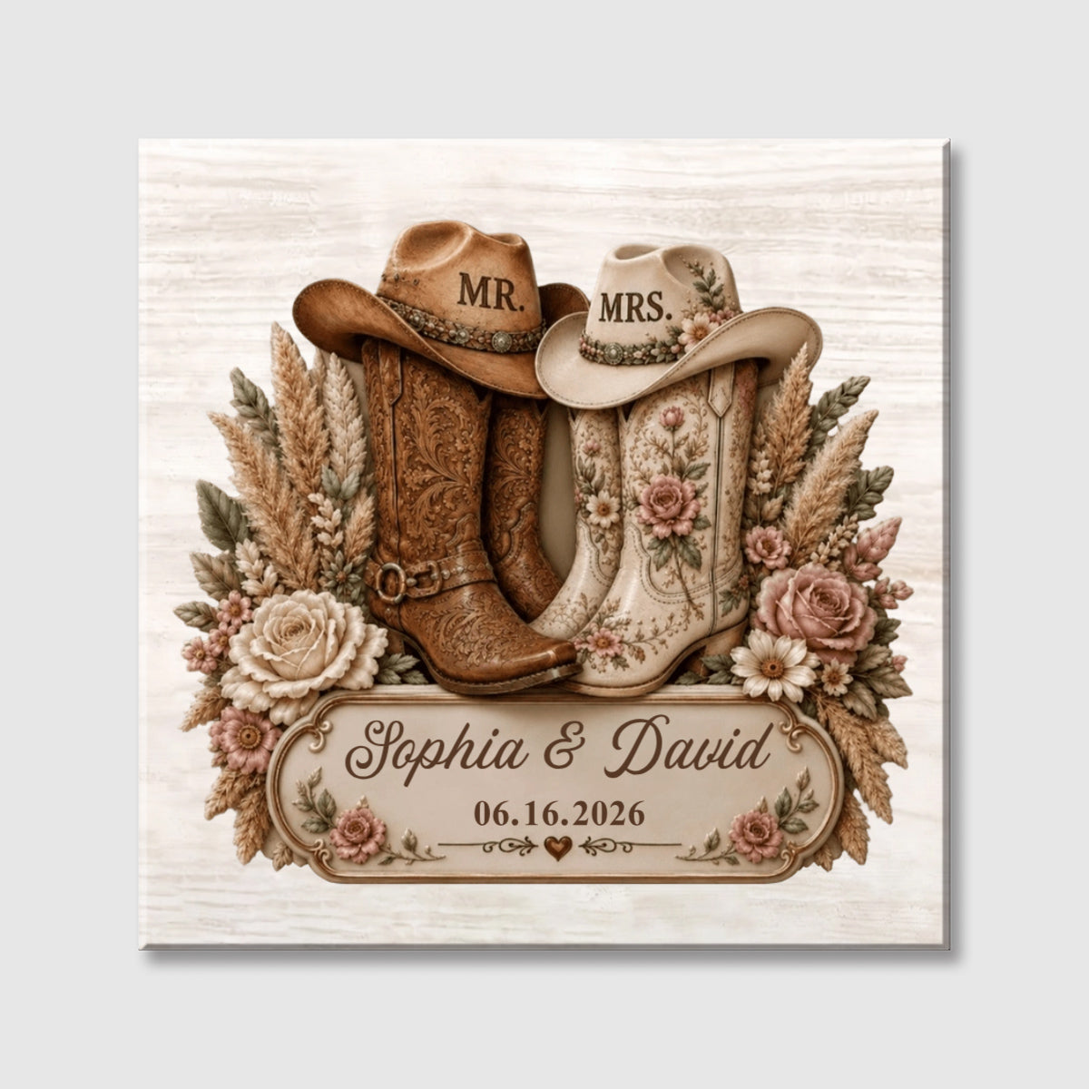 Rustic Cowboy Boots Personalized Wedding Square Canvas - Custom Anniversary Gift for Couples
