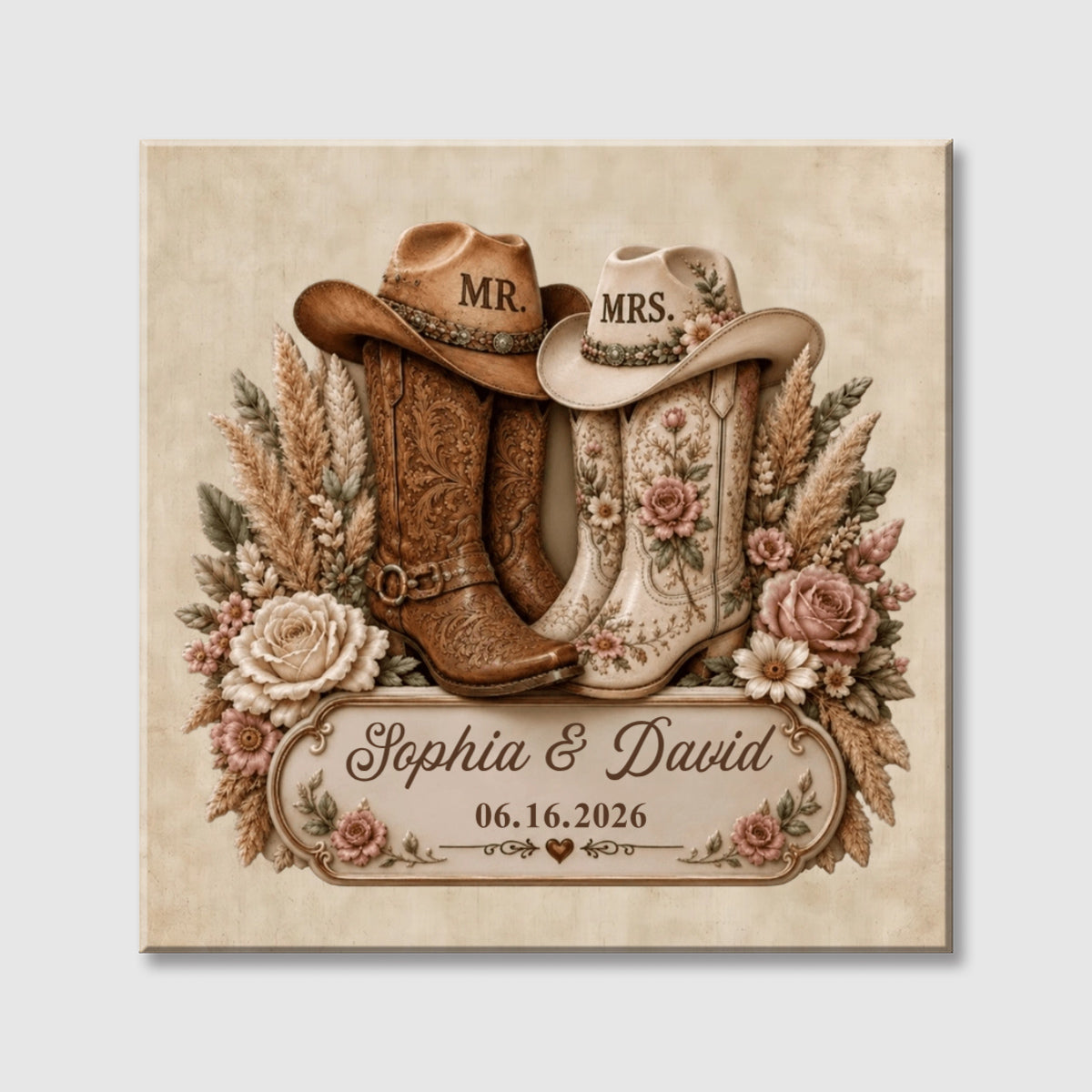Rustic Cowboy Boots Personalized Wedding Square Canvas - Custom Anniversary Gift for Couples