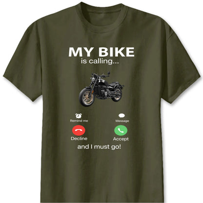 "My Bike Is Calling" Personalized Motorcycle Photo T-Shirt - Custom Gift for Biker Lovers