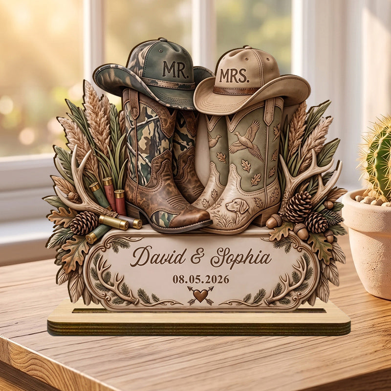 Hunting Boots Design Personalized Wedding Wooden Plaque - Custom Anniversary Gift for Couples