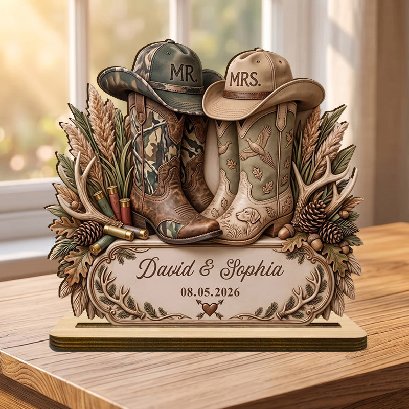 Hunting Boots Design Personalized Wedding Wooden Plaque - Custom Anniversary Gift for Couples