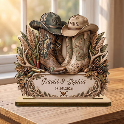Hunting Boots Design Personalized Wedding Wooden Plaque - Custom Anniversary Gift for Couples