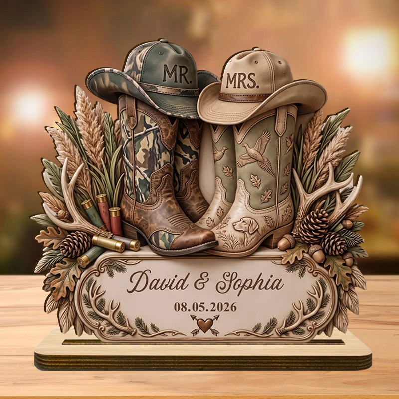 Hunting Boots Design Personalized Wedding Wooden Plaque - Custom Anniversary Gift for Couples