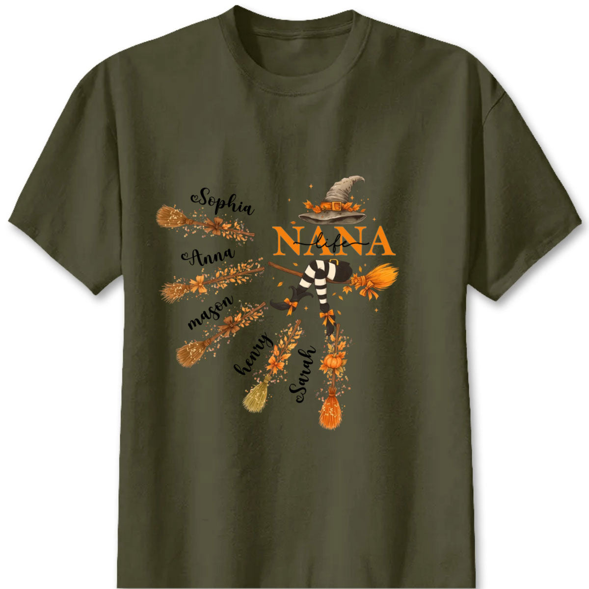 Custom Halloween Grandma Shirt - Personalized Nana Witch Broom & Pumpkin Tee