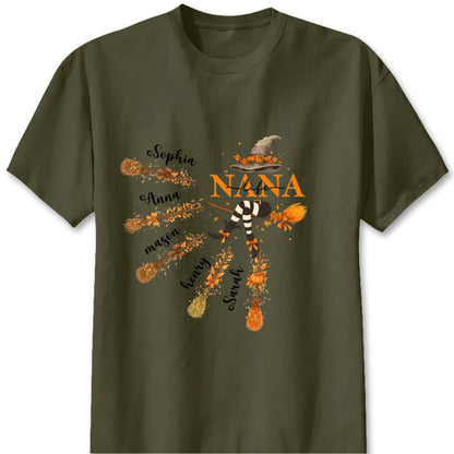 Custom Halloween Grandma Shirt - Personalized Nana Witch Broom & Pumpkin Tee