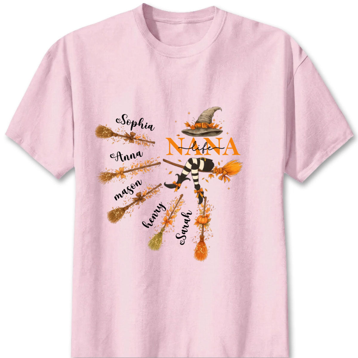 Custom Halloween Grandma Shirt - Personalized Nana Witch Broom & Pumpkin Tee