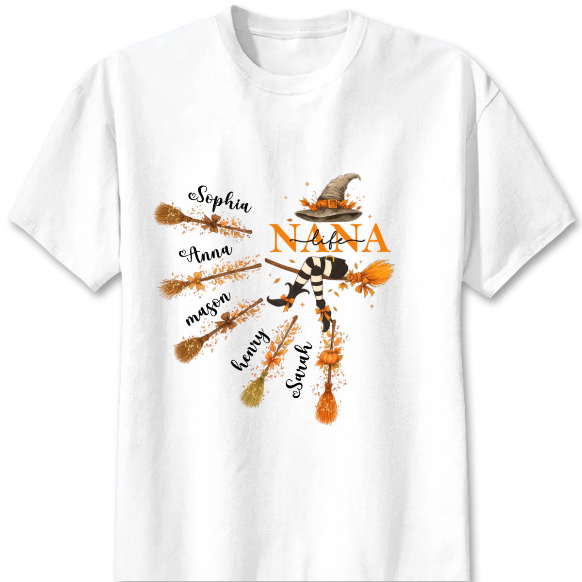 Custom Halloween Grandma Shirt - Personalized Nana Witch Broom & Pumpkin Tee