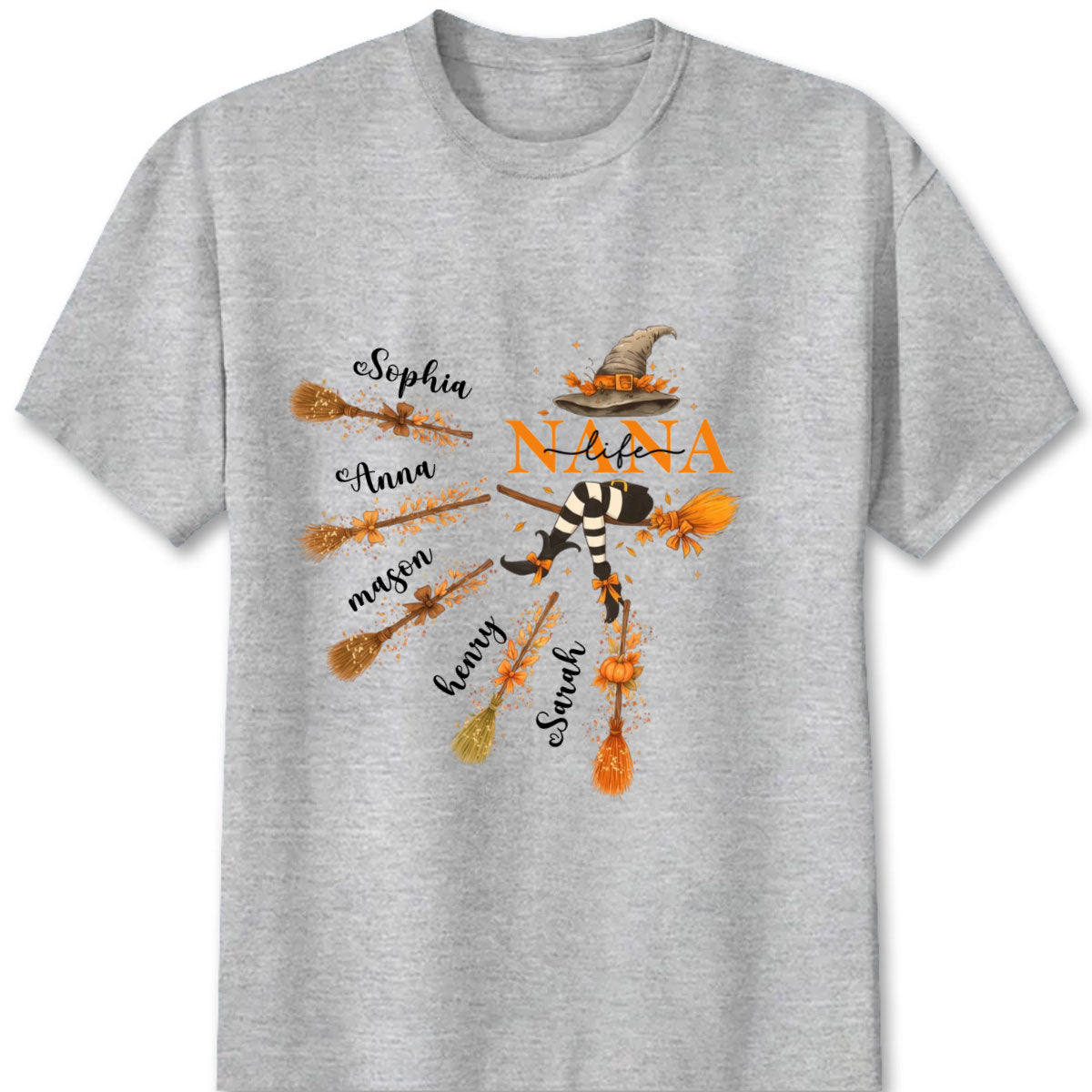 Custom Halloween Grandma Shirt - Personalized Nana Witch Broom & Pumpkin Tee