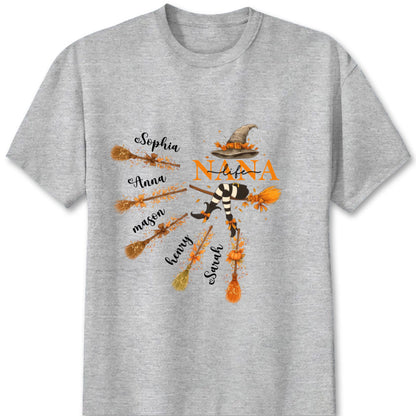 Custom Halloween Grandma Shirt - Personalized Nana Witch Broom & Pumpkin Tee