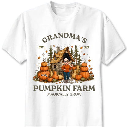 "Nana's Pumpkin Farm Magically Grow" Personalized Shirt - Custom Fall Grandma Sweatshirt with Grandkids’ Names