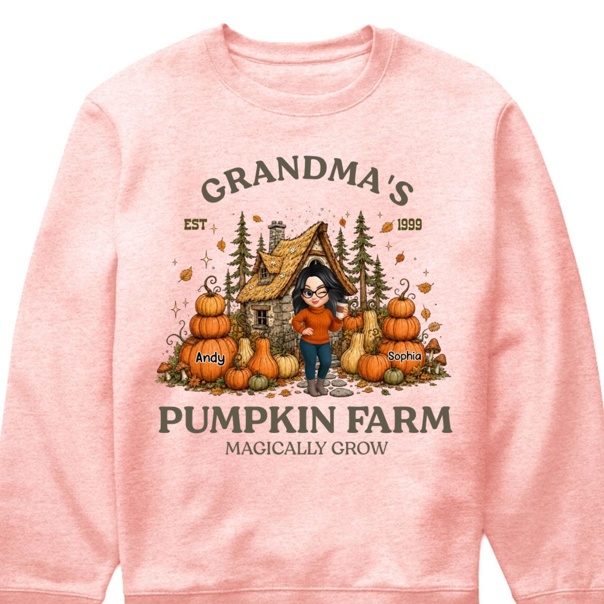 "Nana's Pumpkin Farm Magically Grow" Personalized Shirt - Custom Fall Grandma Sweatshirt with Grandkids’ Names