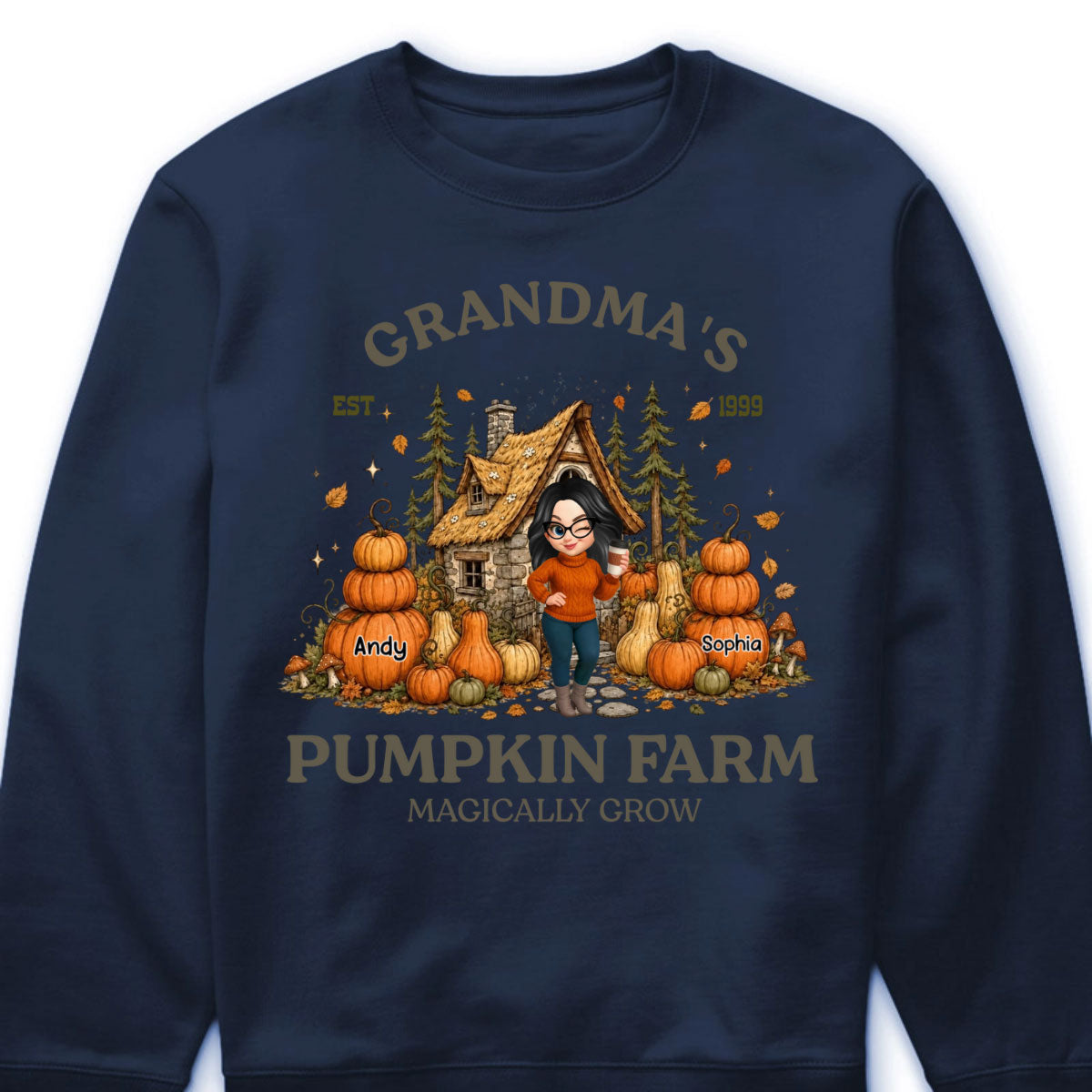 "Nana's Pumpkin Farm Magically Grow" Personalized Shirt - Custom Fall Grandma Sweatshirt with Grandkids’ Names