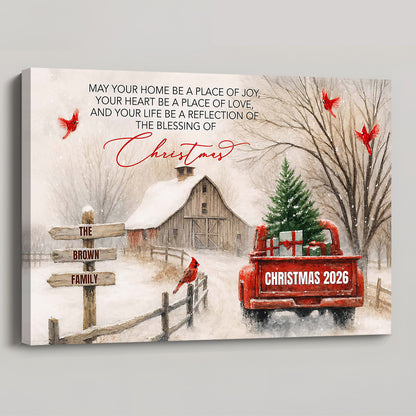 "May Your Home Be A Place Of Joy" Custom Christmas Red Truck Poster / Canvas - Personalized Family Name Wall Art Decor