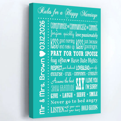 Rules for a Happy Marriage Personalized Poster / Canvas - Custom Name & Date Wall Art for Couples Anniversary & Wedding