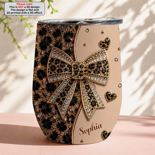 Sassy Leopard Print Gold Sparkle Bow Personalized Wine Tumbler - Custom Name Gift for Women