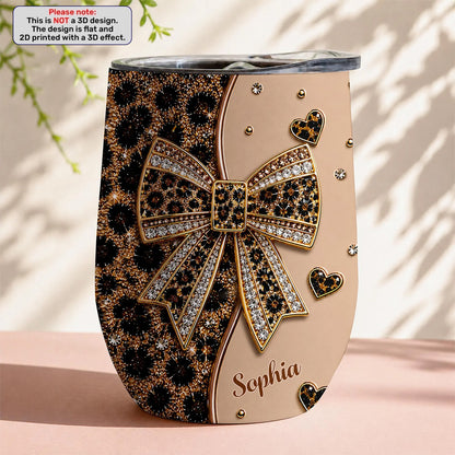 Sassy Leopard Print Gold Sparkle Bow Personalized Wine Tumbler - Custom Name Gift for Women
