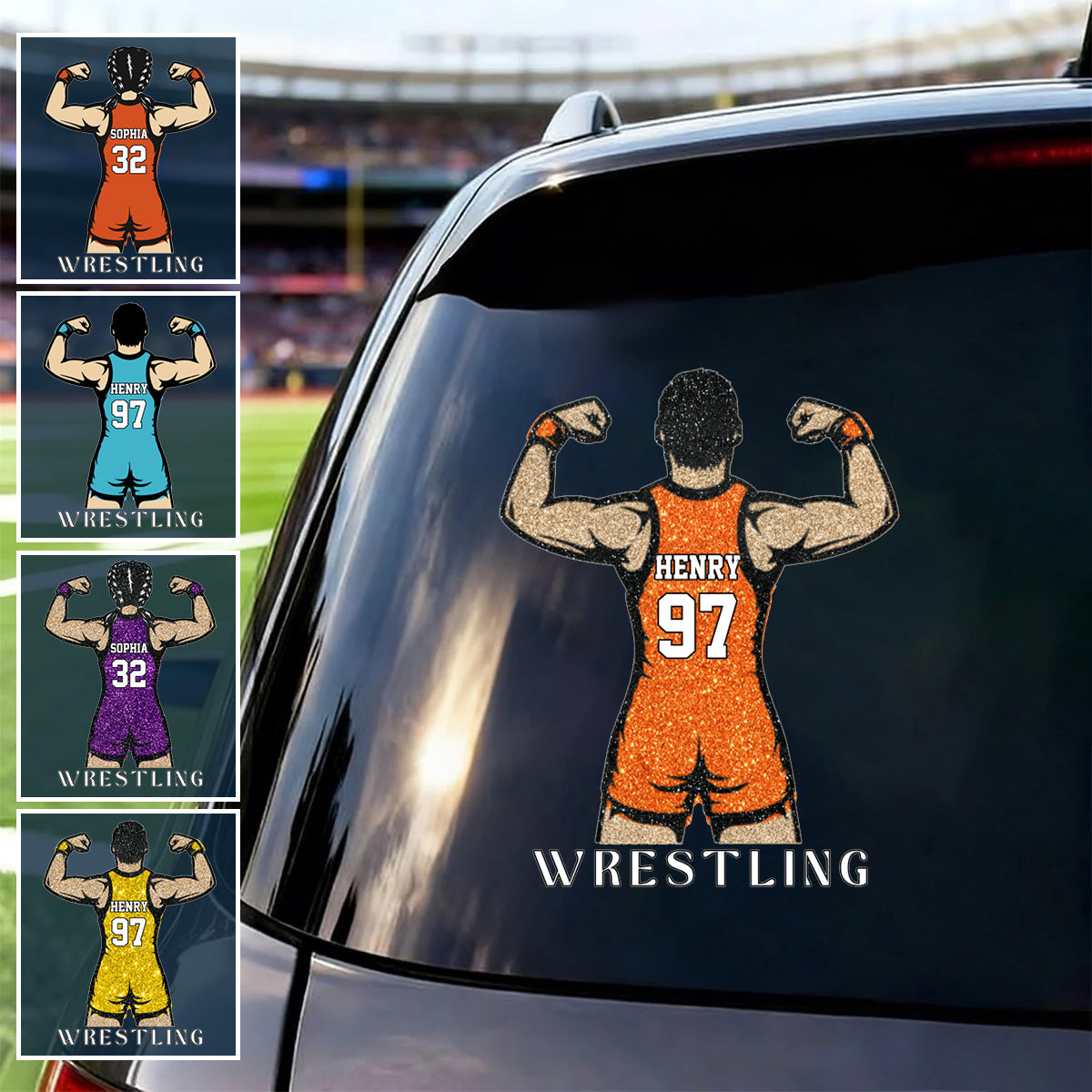Personalized Wrestling Car Sticker - Custom Name and Jersey Number for Fans and Players