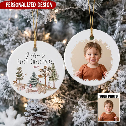 "Baby's First Christmas" Personalized Ceramic Photo Ornament - Woodland Keepsake Gift
