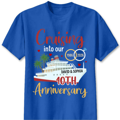"Cruising Into Our Anniversary" Personalized Cruise T-Shirt - Custom Gift for Couples