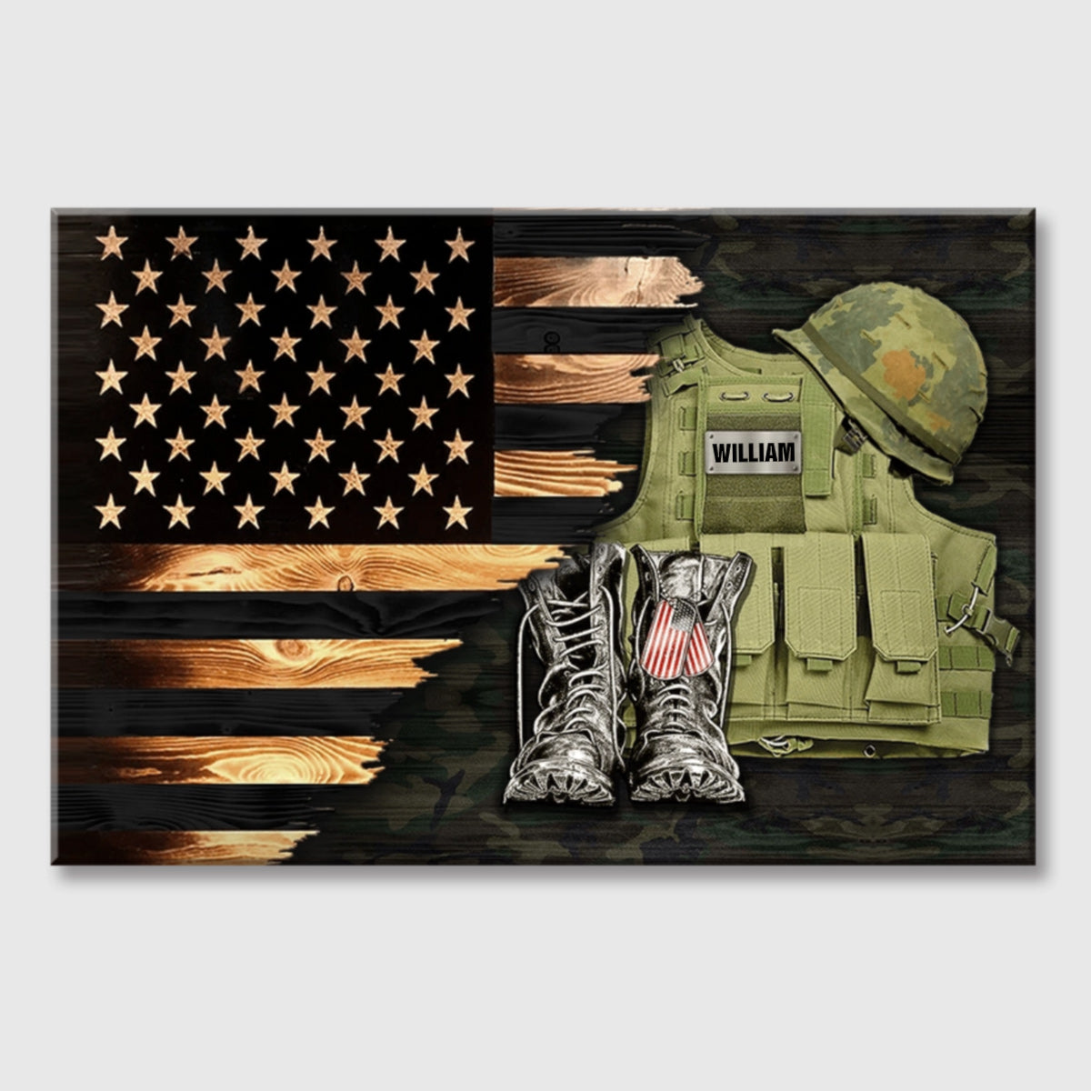 Personalized Veteran Name Canvas / Poster - Rustic American Flag Gift for Dad