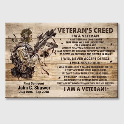 "Veteran’s Creed" Personalized Canvas / Poster - Custom Military Wall Art Gift for Veterans