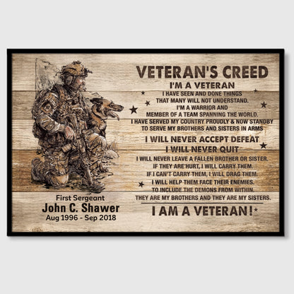 "Veteran’s Creed" Personalized Canvas / Poster - Custom Military Wall Art Gift for Veterans