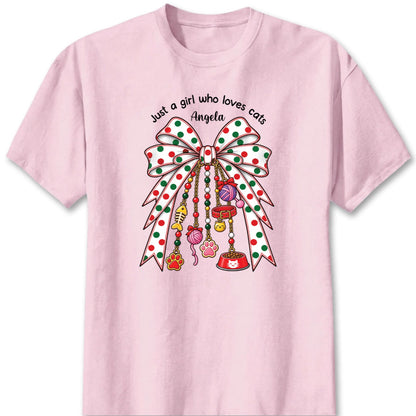 Just A Girl Who Loves Dogs & Cats Custom Bow T-Shirt - Personalized Pet Lover Gift Shirt for Dog Moms and Cat Owners