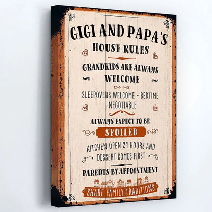 Gigi and Papa's House Rules Grandkids Welcome Personalized Canvas / Poster - Vintage Grandparent Wall Decor