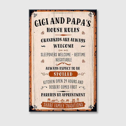 Gigi and Papa's House Rules Grandkids Welcome Personalized Canvas / Poster - Vintage Grandparent Wall Decor