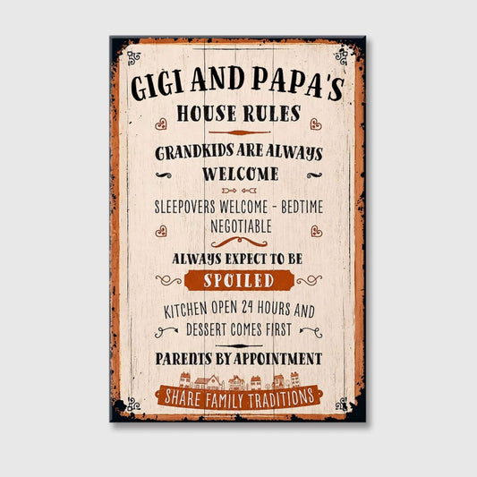 Gigi and Papa's House Rules Grandkids Welcome Personalized Canvas / Poster - Vintage Grandparent Wall Decor
