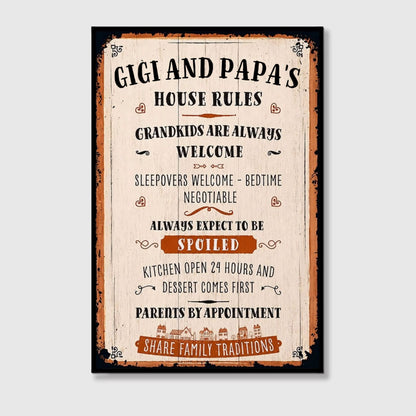 Gigi and Papa's House Rules Grandkids Welcome Personalized Canvas / Poster - Vintage Grandparent Wall Decor