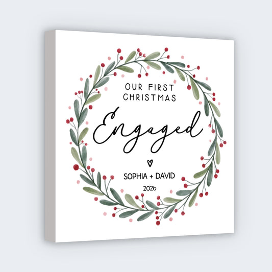 "Our First Christmas Engaged" Personalized Square Canvas - Custom Couples Engagement Keepsake