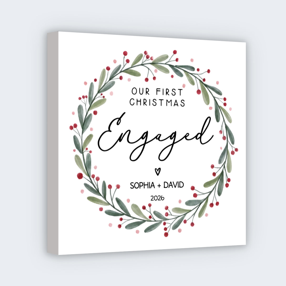 "Our First Christmas Engaged" Personalized Square Canvas - Custom Couples Engagement Keepsake