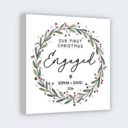 "Our First Christmas Engaged" Personalized Square Canvas - Custom Couples Engagement Keepsake