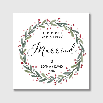 "Our First Christmas Engaged" Personalized Square Canvas - Custom Couples Engagement Keepsake