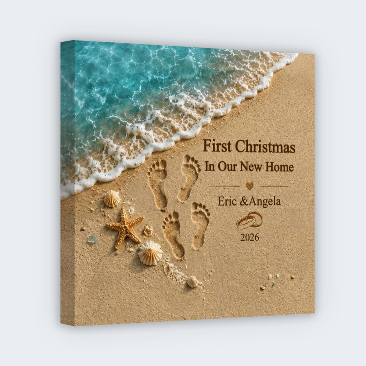 "First Christmas In Our New Home" Custom Names Beach Square Canvas - Personalized Couple Holiday Keepsake