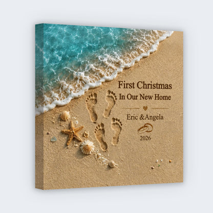 "First Christmas In Our New Home" Custom Names Beach Square Canvas - Personalized Couple Holiday Keepsake