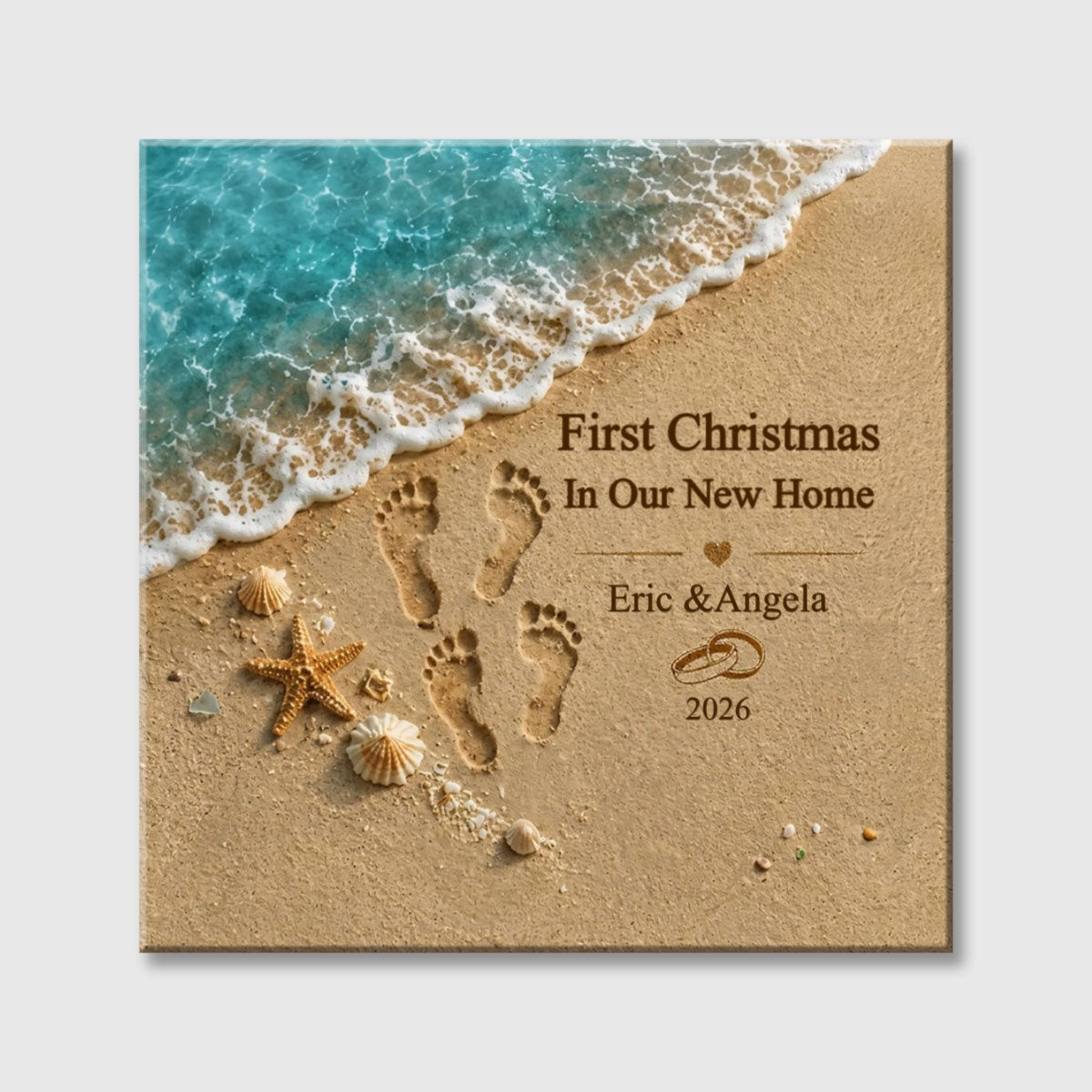 "First Christmas In Our New Home" Custom Names Beach Square Canvas - Personalized Couple Holiday Keepsake