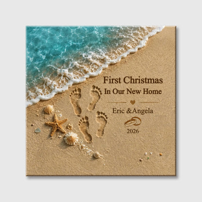 "First Christmas In Our New Home" Custom Names Beach Square Canvas - Personalized Couple Holiday Keepsake