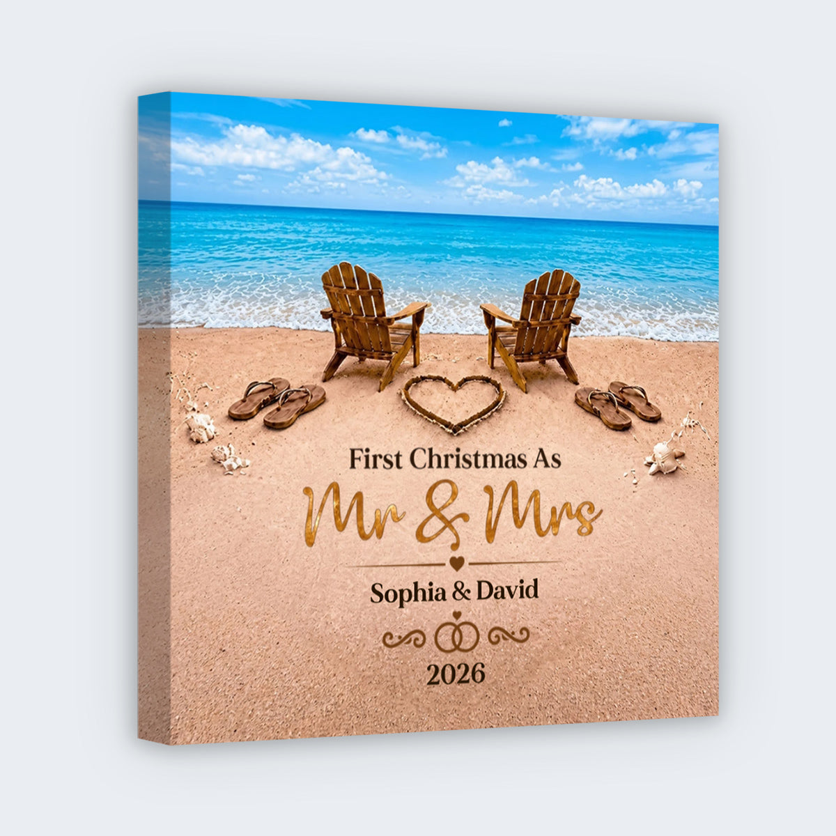 "First Christmas as Mr & Mrs" Beach Square Canvas - Personalized Wedding and Anniversary Keepsake Gift