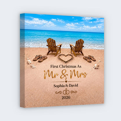 "First Christmas as Mr & Mrs" Beach Square Canvas - Personalized Wedding and Anniversary Keepsake Gift