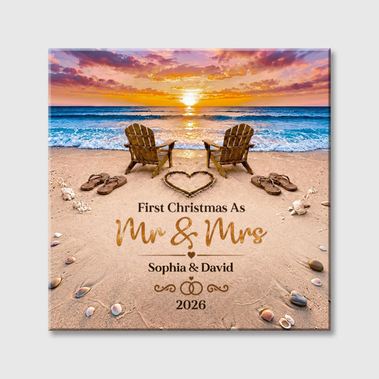 "First Christmas as Mr & Mrs" Beach Square Canvas - Personalized Wedding and Anniversary Keepsake Gift