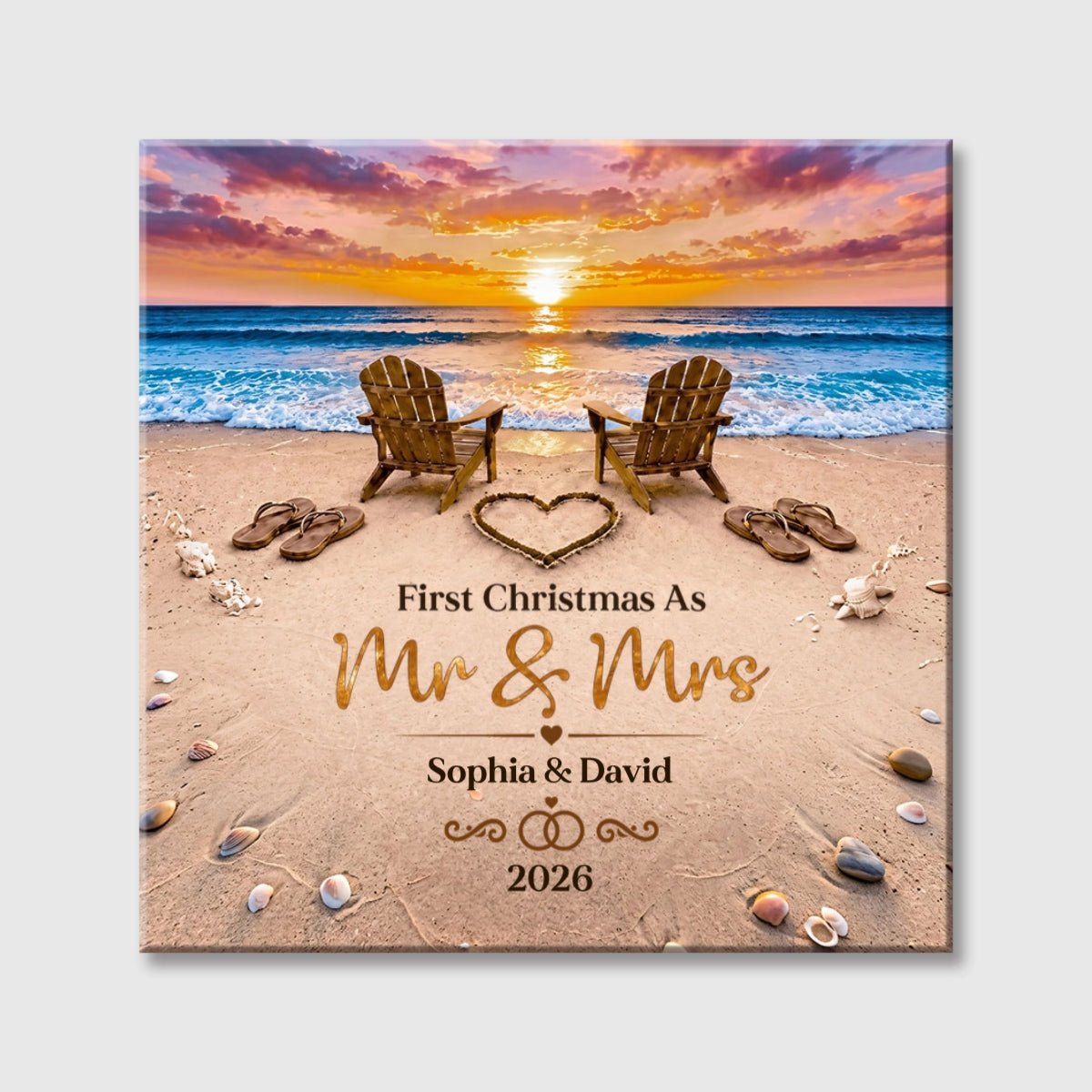 "First Christmas as Mr & Mrs" Beach Square Canvas - Personalized Wedding and Anniversary Keepsake Gift