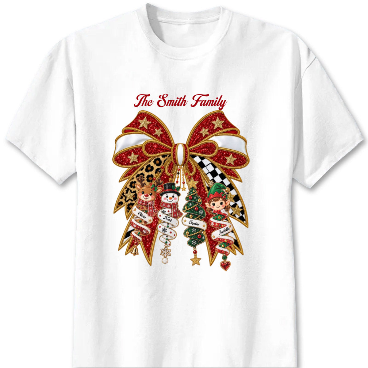 Festive Christmas Bow Custom Family Shirt - Personalized Holiday Character Gifts